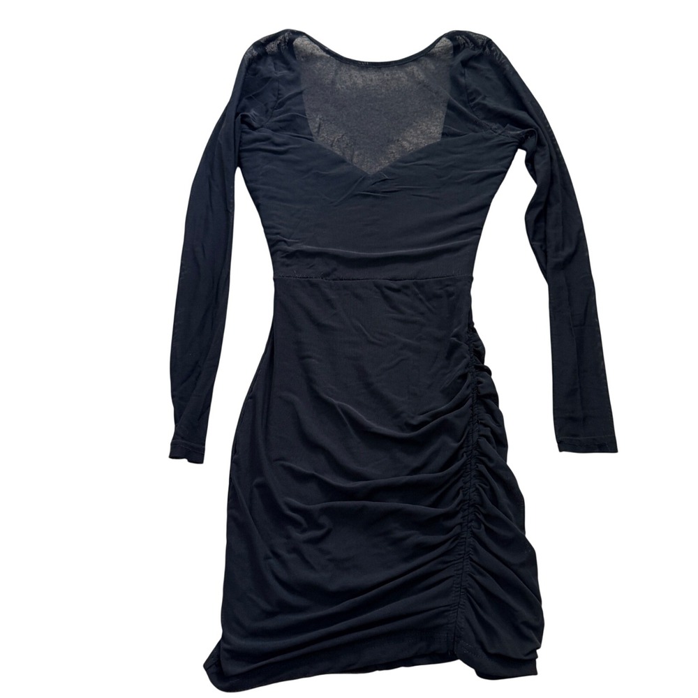 Ruched Mesh Mini Dress Womens Small Black Long Sleeve Sheer Back Bodycon